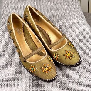J. Jill Olive Green Gold Beaded Mary Jane Kitten Heels Bohemian Shoes Size 7